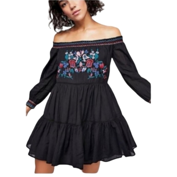 NWT Free People off the shoulder Mini gypsy Dress festival embroidered - Picture 1 of 10